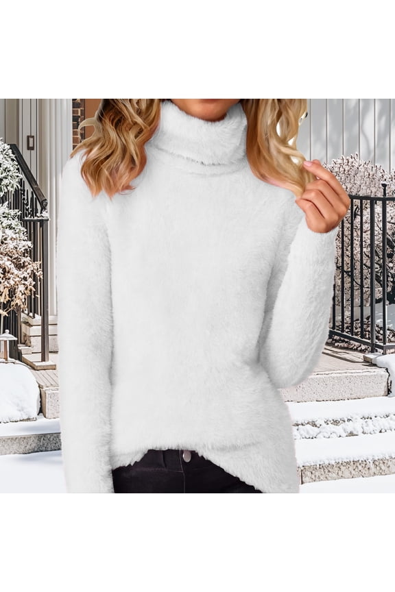Plus Size Fluffy Tops for Women Long Sleeve Turtleneck Tunic Tops Casual Comfy Soft Winter Solid Color Dailywear Pullover Tops