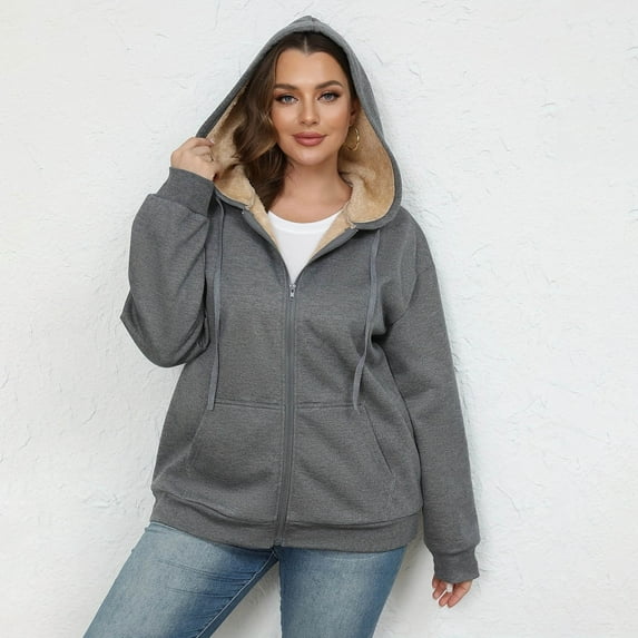 tarylea Plus Size Hoodies for Women Fleece Lined Full Zipper Jackets Drawstring Solid Color Sweatshirt with Pockets Casual Comfy Winter Warm Tops