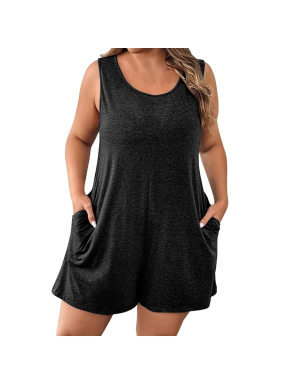 Plus Size Jumpsuits for Women Crewneck Sleeveless Casual Rompers Solid Color Short Overalls with Pockets