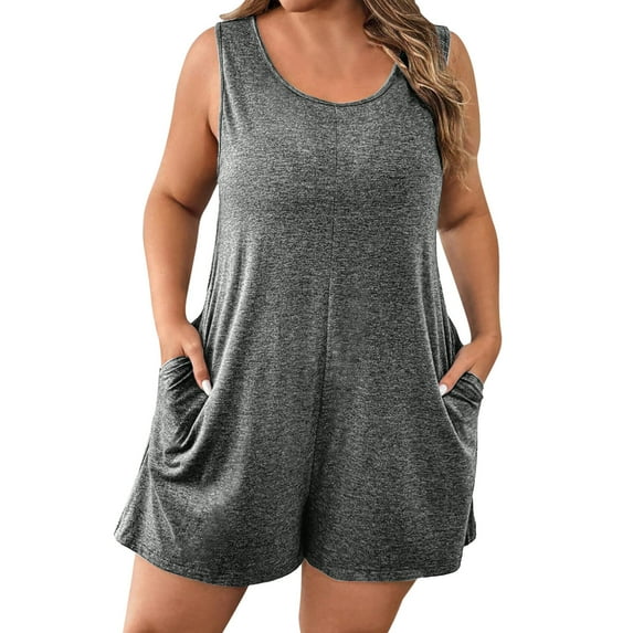tarylea Plus Size Jumpsuits for Women Crewneck Sleeveless Casual Rompers Solid Color Short Overalls with Pockets
