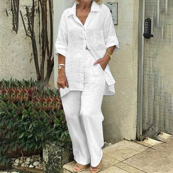 tarylea Plus Size Linen Outfits for Women 3/4 Sleeve Button down Shirts Straight Leg High Rise Pants Casual Lightweight Breathable Sets