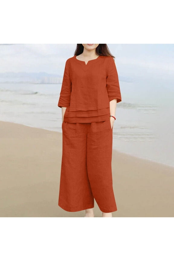 Plus Size Linen Sets for Women 2 Piece 3/4 Sleeve Notch Neck Shirts Wide Leg Elastic Waist Trousers Casual Loose Lightweight Suits