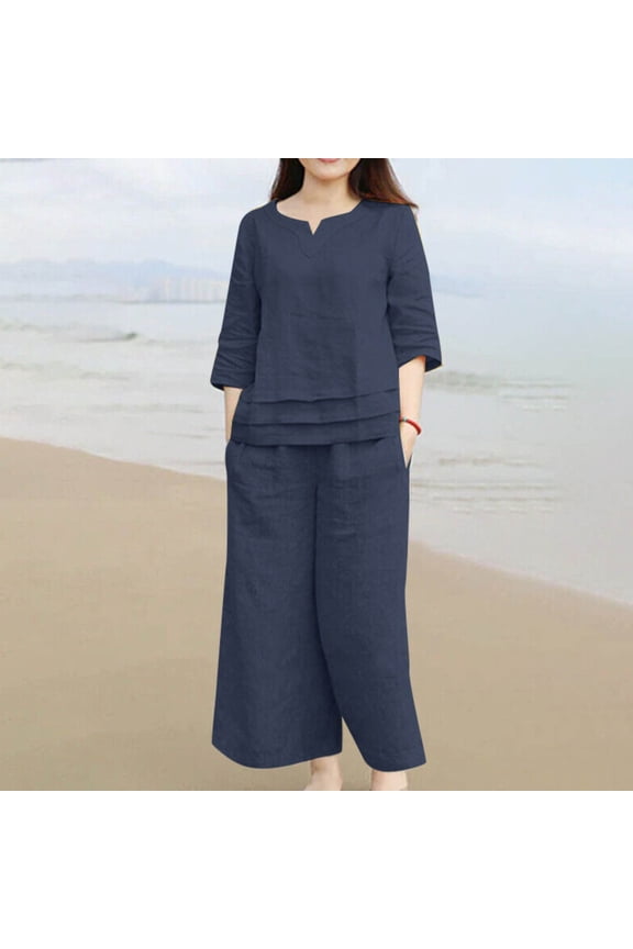 Plus Size Linen Sets for Women 2 Piece 3/4 Sleeve Notch Neck Shirts Wide Leg Elastic Waist Trousers Casual Loose Lightweight Suits