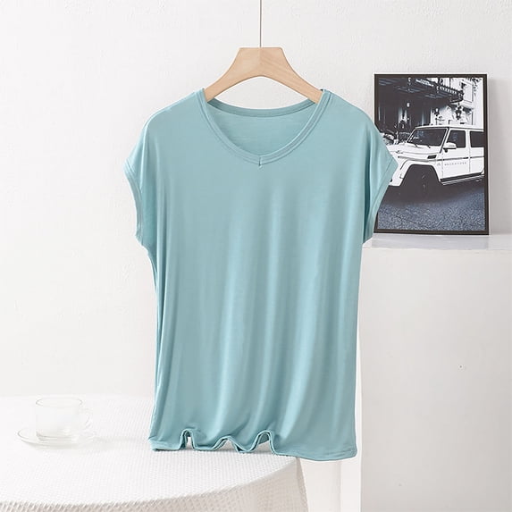 tarylea Plus Size Pajama Tops for Women Short Sleeve V Neck Solid Color T-Shirts Casual Loose Comfy Summer Lounge Tops