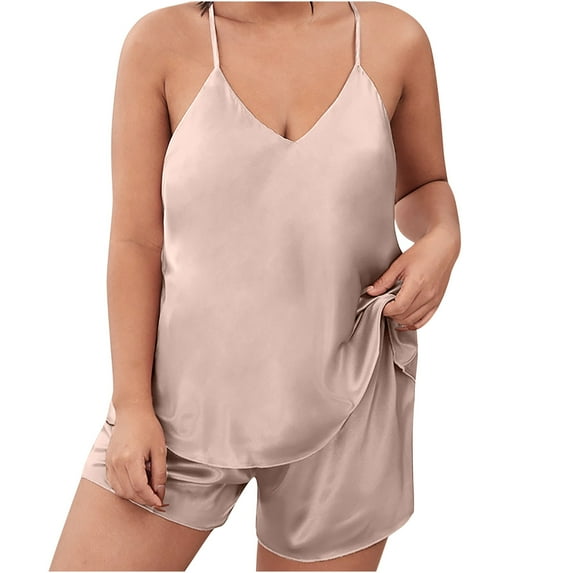 tarylea Plus Size Pajamas Sets for Women Deep V Neck Spaghetti Strap Tank Top Elastic Waist Shorts Solid Color Satin Suits Casual Summer Sleepwear Sets