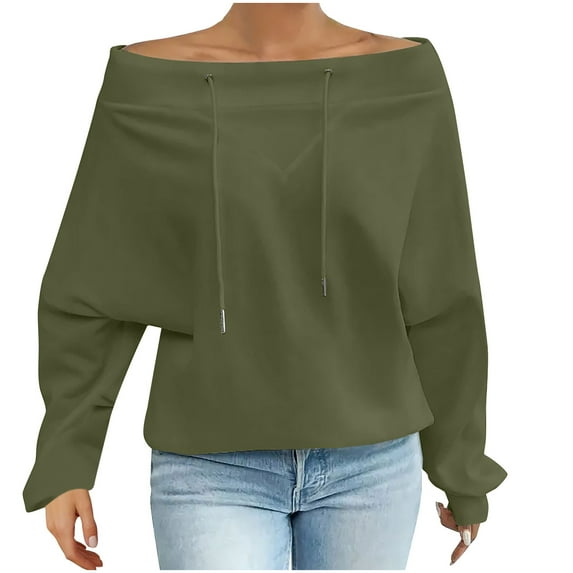 tarylea Plus Size Sweatshirt for Women off Shoulder Drawstring Pullover Solid Color Long Sleeve Tops Loose Trendy Fall Tops