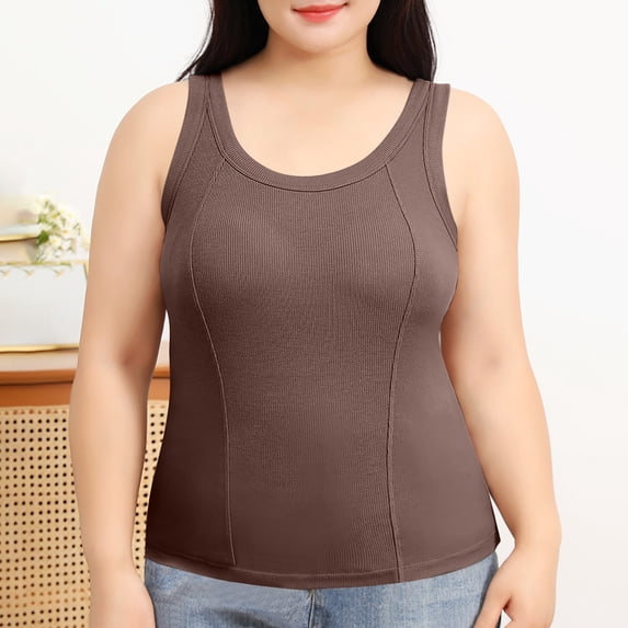 tarylea Plus Size Tank Tops for Women Ribbed Sleeveless Built in Bra Round Neck Slim Fitted Tops Casual Summer Comfy Tanks