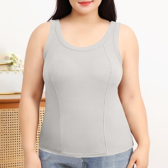 tarylea Plus Size Tank Tops for Women Ribbed Sleeveless Built in Bra Round Neck Slim Fitted Tops Casual Summer Comfy Tanks