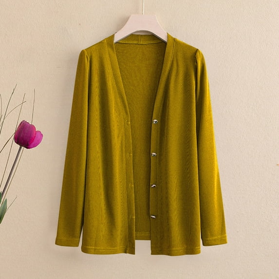 tarylea Plus Size Tops for Women Button down V Neck Cardigan Solid Color Long Sleeve Shirts Casual Comfy Lightweight Fall Blouse
