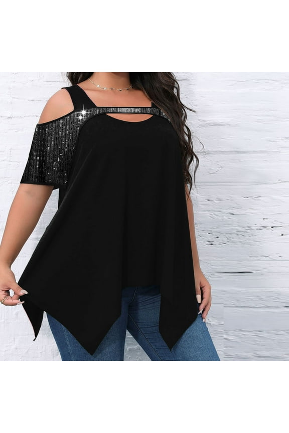 Plus Size Tops for Women Cold Shoulder Cutout V Neck Sequin Blocked Blouse Solid Color Irregular Hem Shirts Casual Loose Dressy Blouse
