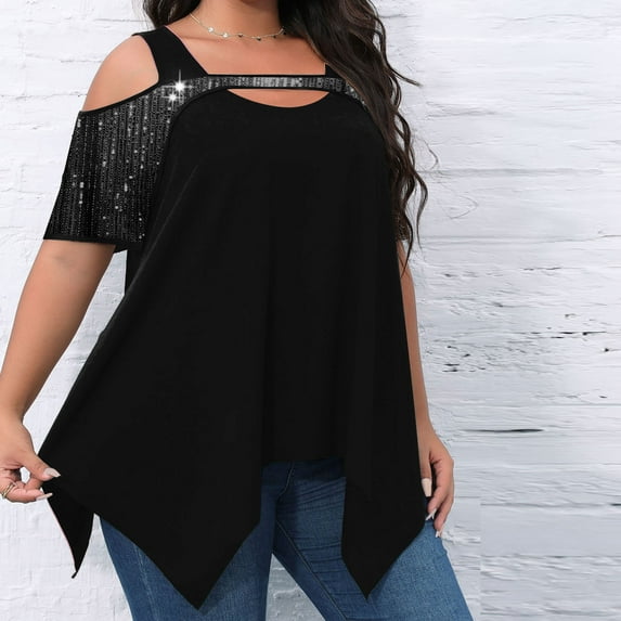 tarylea Plus Size Tops for Women Cold Shoulder Cutout V Neck Sequin Blocked Blouse Solid Color Irregular Hem Shirts Casual Loose Dressy Blouse