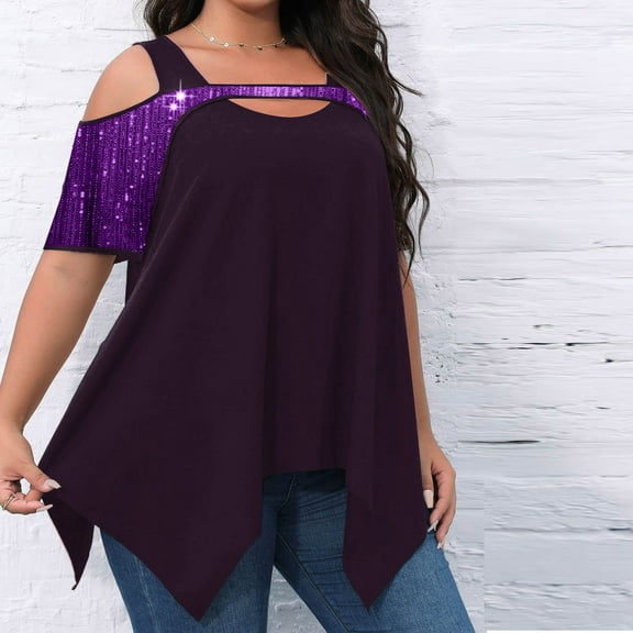 tarylea Plus Size Tops for Women Cold Shoulder Cutout V Neck Sequin Blocked Blouse Solid Color Irregular Hem Shirts Casual Loose Dressy Blouse