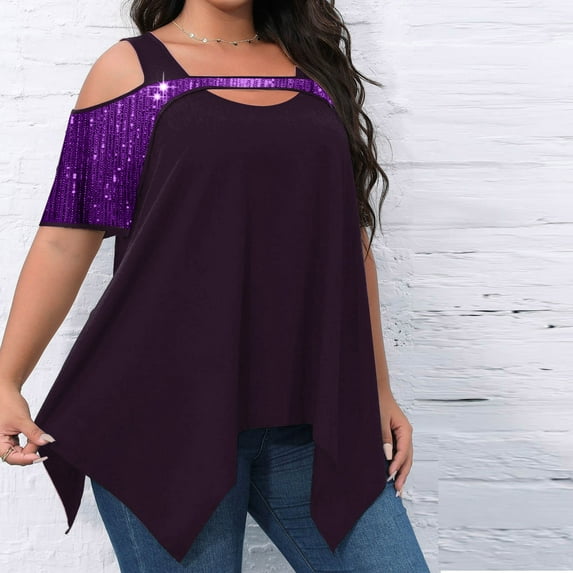 tarylea Plus Size Tops for Women Cold Shoulder Cutout V Neck Sequin Blocked Blouse Solid Color Irregular Hem Shirts Casual Loose Dressy Blouse