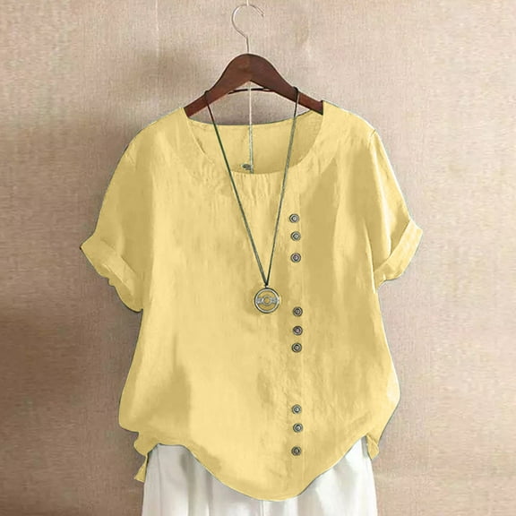 tarylea Plus Size Tops for Women Cotton Linen Scoop Neck Tunic Solid Color Short Sleeve Blouse Casual Loose Summer Breathable Tops