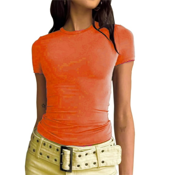 tarylea Plus Size Tops for Women Crew Neck Short Sleeve T-Shirts Slim Fitted Solid Color Tops Casual Summer Basic Stretch Tops
