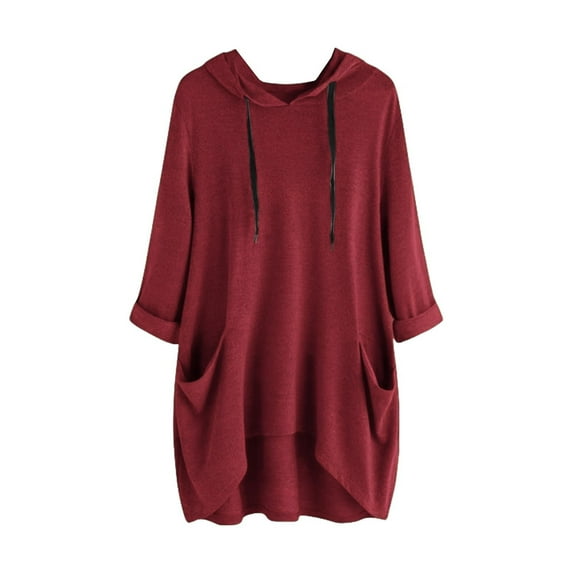 tarylea Plus Size Tops for Women Drawstring Long Sleeve Hoodies Solid Color High Low Tunic with Pockets Loose Comfy Casual Wear