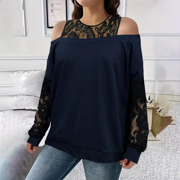 tarylea Plus Size Tops for Women Lace Blocked Cold Shoulder Long Sleeve Pullover Cinch Cuff Dressy Blouse Casual Fall Cute Tops