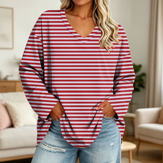 tarylea Plus Size Tops for Women Long Sleeve V Neck Striped T-Shirts ...