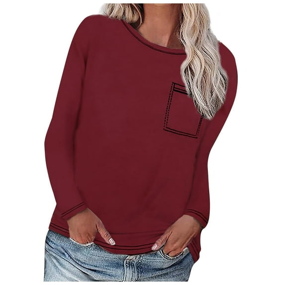 tarylea Plus Size Tops for Women Scoop Neck Long Sleeve Shirts Solid Color Chest Pockets Casual Loose Fall Basic Comfy Tops