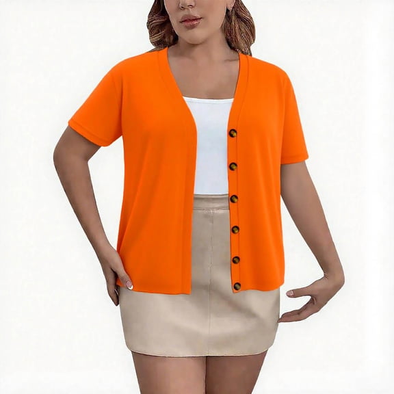 tarylea Plus Size Tops for Women Short Sleeve Button down Cardigan Solid Color V Neck Tunic Casual Comfy Summer Tops