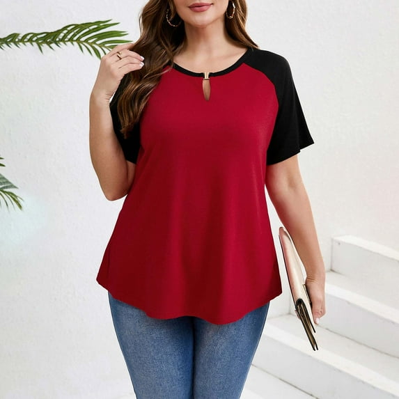 tarylea Plus Size Tops for Women Short Sleeve Keyhole Neck Curved Hem Tunic Tops Casual Loose Color Blocked T-Shirts