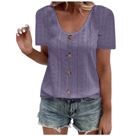 tarylea Plus Size Tops for Women Short Sleeve Round Neck Eyelet Button down Shirt Casual Summer Dressy Summer Tops