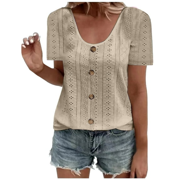 ZyeKqe Plus Size Tops for Women Short Sleeve Shirts Crochet V Neck Blouses Solid Color Summer Tops