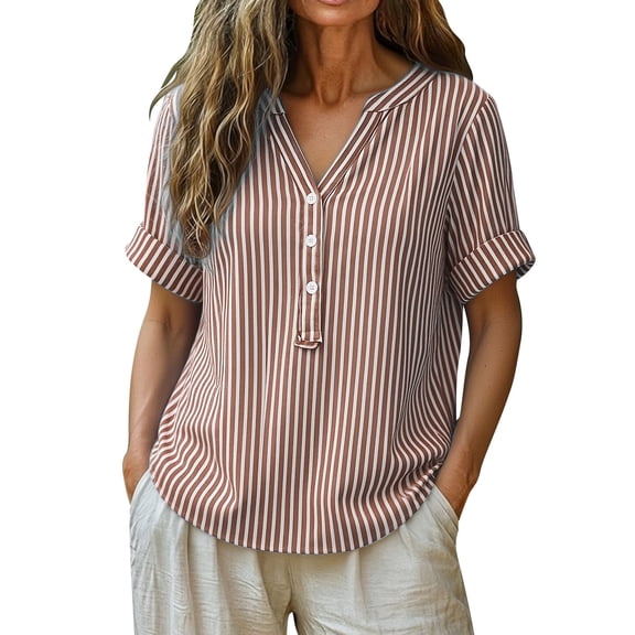 tarylea Plus Size Tops for Women Striped Button Notch Neck Rolled Short Sleeve Casual Loose Summer Vacation Blouses