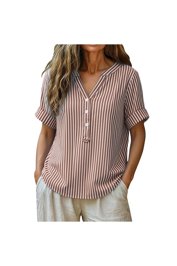 Plus Size Tops for Women Striped Button Notch Neck Rolled Short Sleeve Casual Loose Summer Vacation Blouses