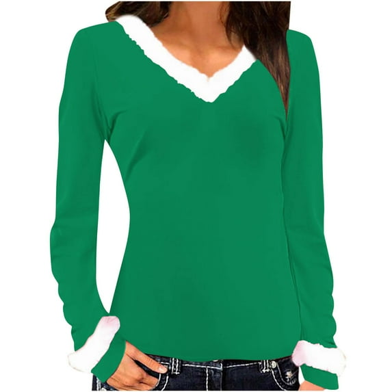 tarylea Plus Size Tops for Women V Fleece Neck Solid Color Shirts Long Sleeve Casual Tops Loose Christmas Tops