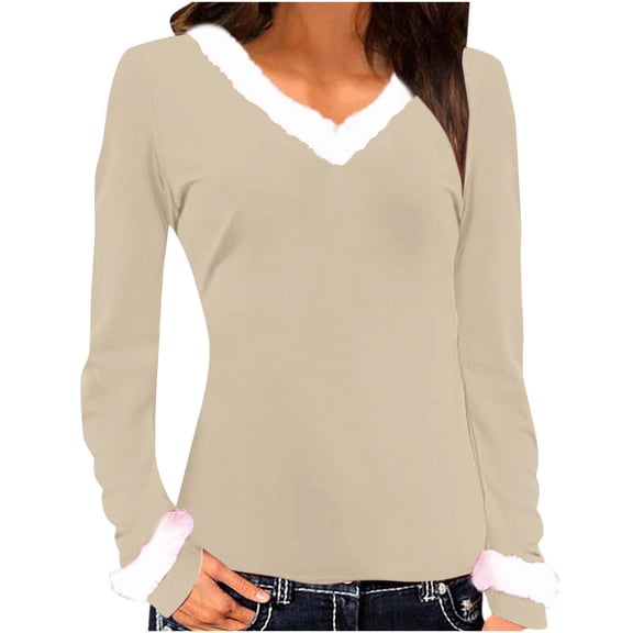 tarylea Plus Size Tops for Women V Fleece Neck Solid Color Shirts Long Sleeve Casual Tops Loose Christmas Tops