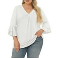 thumbnail image 1 of tarylea Plus Size Tops for Women V Neck 3/4 Flare Ruffled Sleeve Blouse Solid Color Pleated Tunic Casual Loose Summer Dressy Tops, 1 of 7