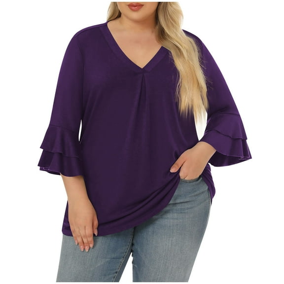 tarylea Plus Size Tops for Women V Neck 3/4 Flare Ruffled Sleeve Blouse Solid Color Pleated Tunic Casual Loose Summer Dressy Tops