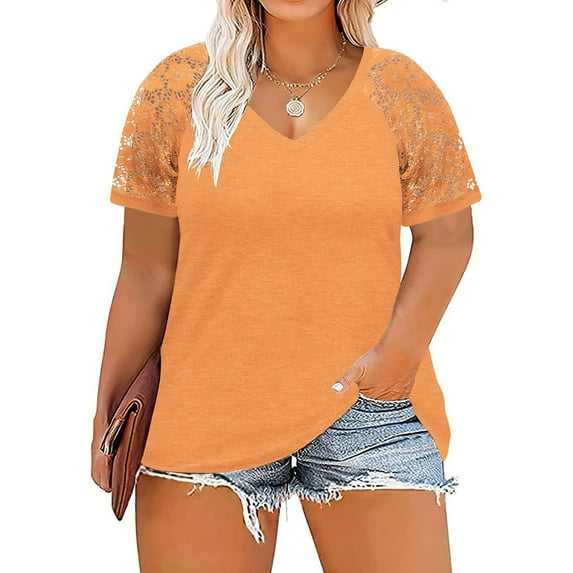 tarylea Plus Size Tops for Women V Neck Lace Blocked Blouse Solid Color Short Sleeve Shirts Casual Loose Summer Dressy Tops