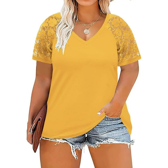 tarylea Plus Size Tops for Women V Neck Lace Blocked Blouse Solid Color Short Sleeve Shirts Casual Loose Summer Dressy Tops