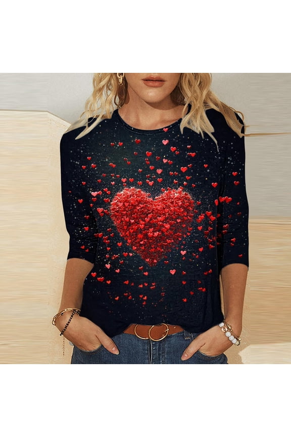 Plus Size Women's Cute Heart Print Romantic T-Shits Crew Neck 3/4 Sleeve Blouse Casual Comfy Spring Dressy Tops
