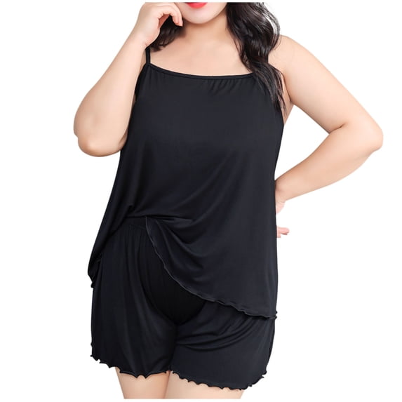 tarylea Plus Size Womens Pajamas Set Square Neck Spaghetti Strap Tops Elastic Waist Shorts Solid Color Casual Loose Summer Comfy Soft Sleepwear Suits