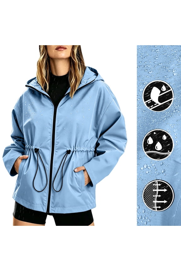 Rain Jackets for Women Long Sleeve Drawstring Waist Zip up Hooded Jackets Casual Waterproof Climbing Camping Windbreaker
