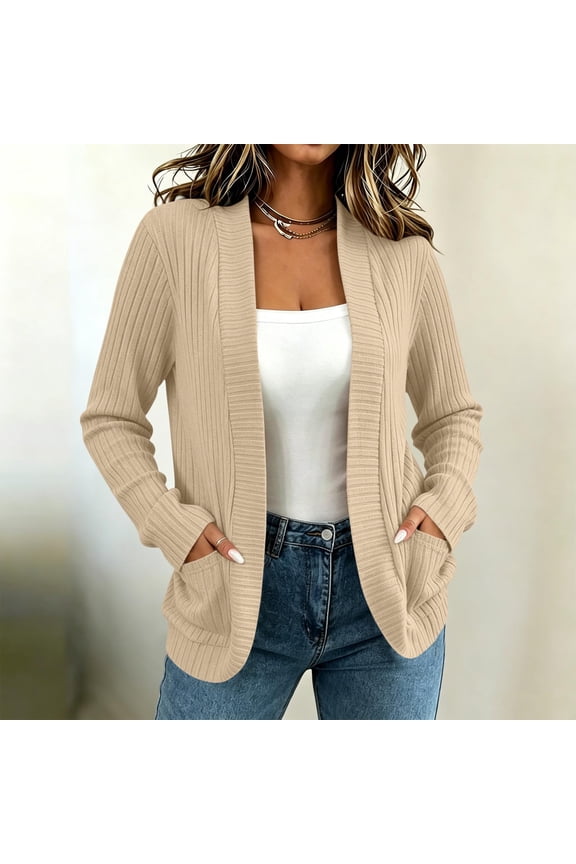 Ribbed Knitted Cardigan for Women Long Sleeve Open Front Crop Top with Pockets Casual Fall Comfy Plain Tops