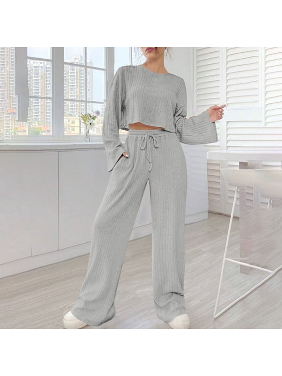 Ribbed Lounge Sets for Women 2 Piece Outfits Long Sleeve Crew Neck Crop Top Drawstring Straight Leg Pants Casual Fall Dressy Sets