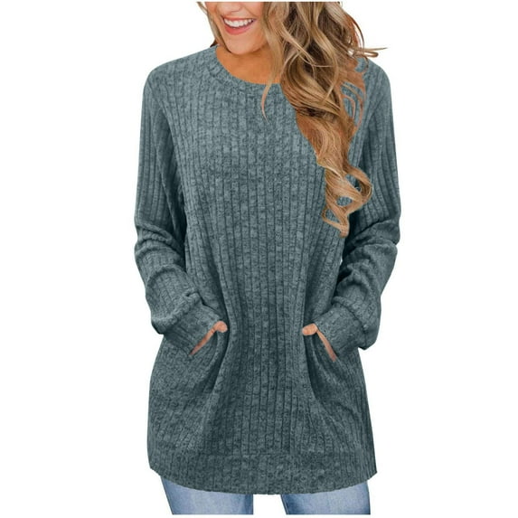 tarylea Ribbed Tops for Women Long Sleeve Crew Neck Tunic Tops Casual Loose Fall Comfy Solid Color Tops with Pockets