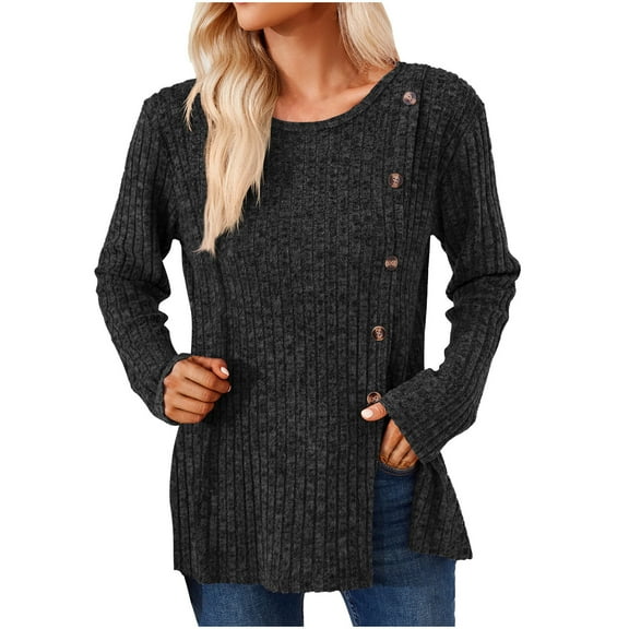 tarylea Ribbed Tops for Women Split Hem Side Button Sweater Scoop Neck Long Sleeve Tunic Tops Loose Casual Wear