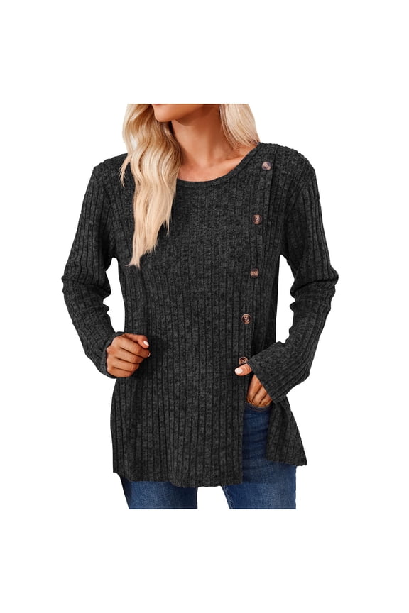 Ribbed Tops for Women Split Hem Side Button Sweater Scoop Neck Long Sleeve Tunic Tops Loose Casual Wear