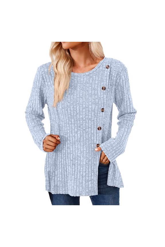 Ribbed Tops for Women Split Hem Side Button Sweater Scoop Neck Long Sleeve Tunic Tops Loose Casual Wear