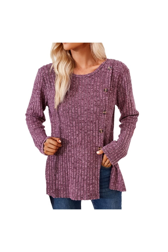 Ribbed Tops for Women Split Hem Side Button Sweater Scoop Neck Long Sleeve Tunic Tops Loose Casual Wear