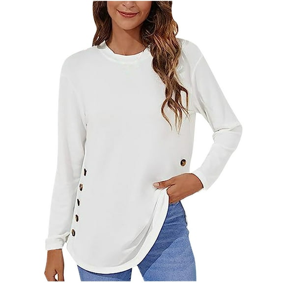 tarylea Shirts for Women Trendy Crew Neck Hem Button Tops Solid Color Long Sleeve Shirts Casual Loose Dailywear