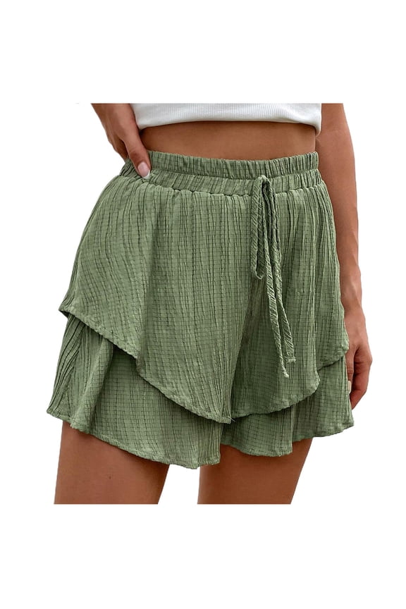 Shorts for Women Double Layered Drawstring High Waisted Shorts Casual Flowy Ruffle Summer Beach Shorts