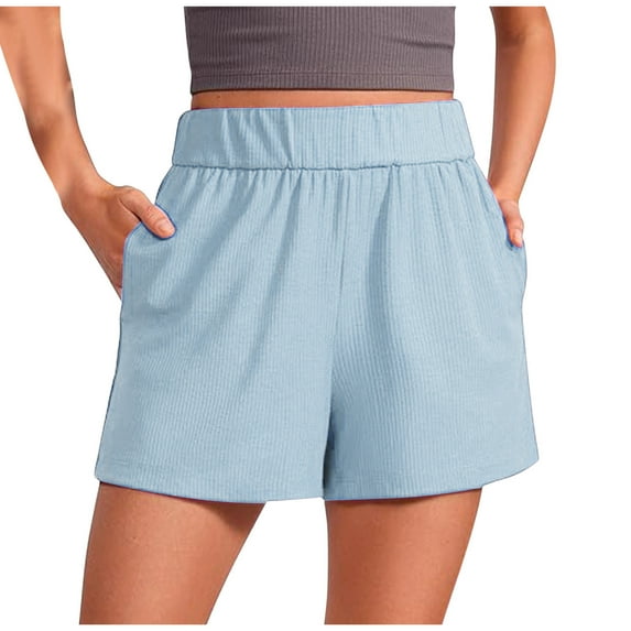 tarylea Shorts for Women Ribbed Knitted Elastic Waist Shorts Solid Color Wide Leg Shorts Casual Loose Stretch Summer Dailywear Shorts