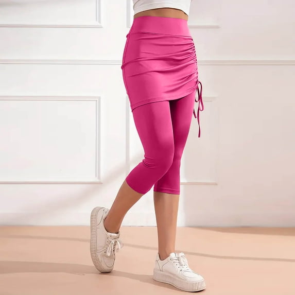tarylea Skorts Leggings for Women 2 in 1 Drawstring High Rise Pants Slim Fitted Solid Color Capri Pants 3/4 Length Casual Stretch Pants