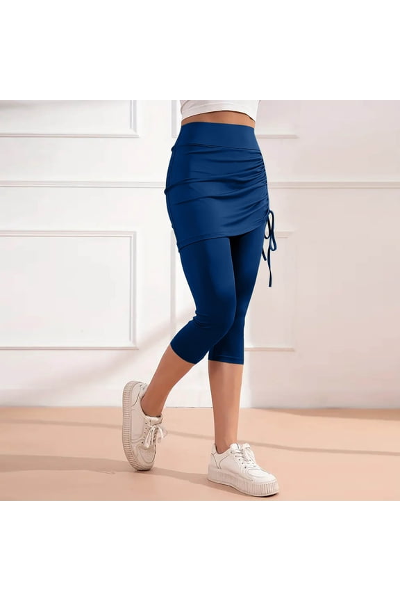 Skorts Leggings for Women 2 in 1 Drawstring High Rise Pants Slim Fitted Solid Color Capri Pants 3/4 Length Casual Stretch Pants
